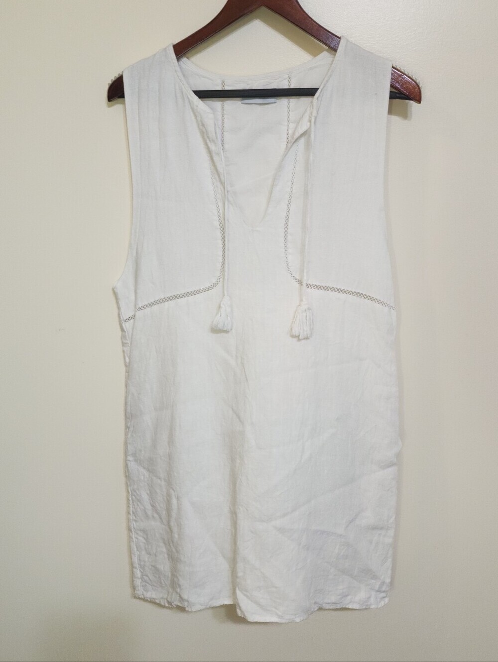 Sincerely Jules White Linen Dress Size Med Sleeveless Tassel Cotton Lining